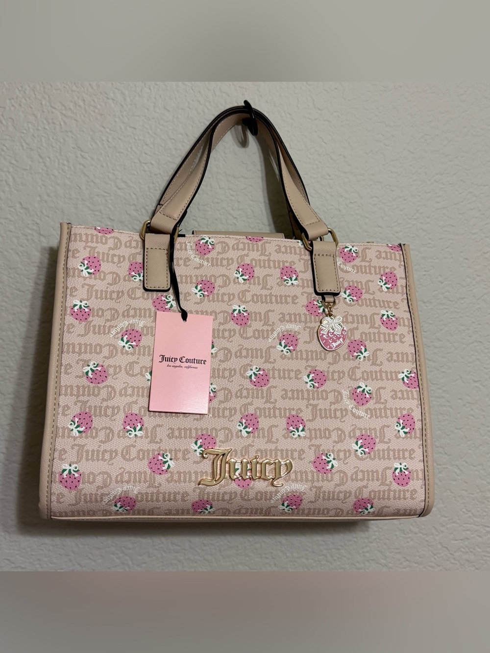 Juicy Couture Pink Strawberry Jacquard Tote with Gold Logo Charm